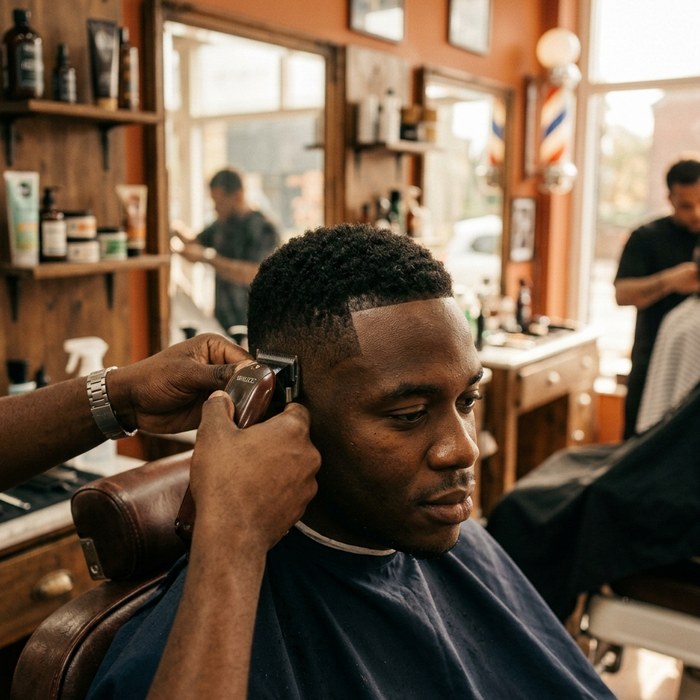 A barber shaping a fade in a barbershop