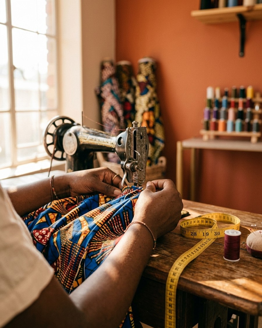 Traditional clothing being sewn on a sewing machine